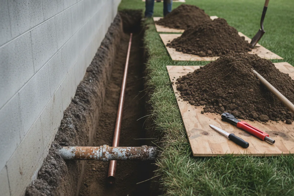 Excavated water line trench during Water Softener Installation in Waterville